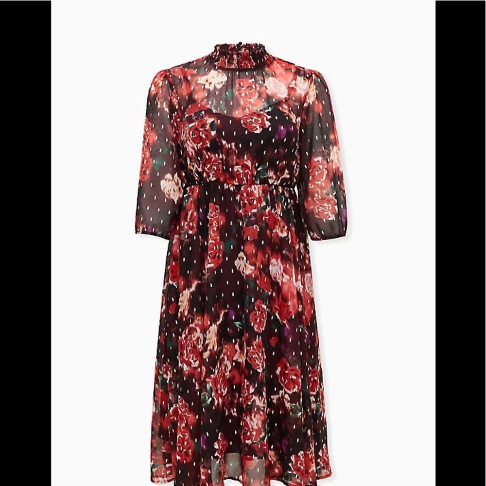 Burgundy Purple Floral Chiffon Mock Neck Midi